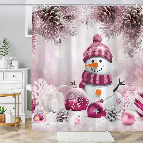 Miniatura 8 de Cortinas de Ducha de Navidad para Baño, Azul Lindo Muñeco de Nieve Árbol de Navidad Invierno Paisaje Natural Juego de Cortinas de Ducha, Tela