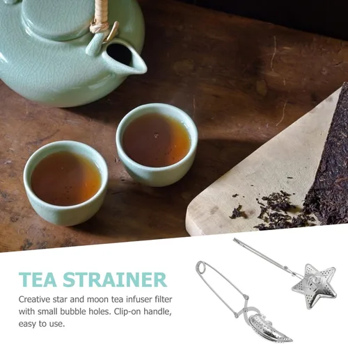 Miniatura 3 de NUOBESTY Juego de 2 infusores de té de acero inoxidable con clip de agarre largo en coladores de té en forma de estrella y luna para preparar hojas