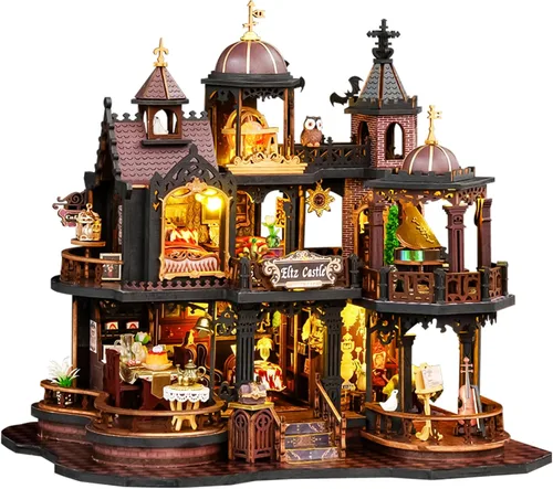 Spilay Kit de Casa en Miniatura DIY, Casa de Muñecas Castillo de Edimburgo con Caja de Música y Cubierta Antipolvo, Kit de Rompecabezas de Madera 3D