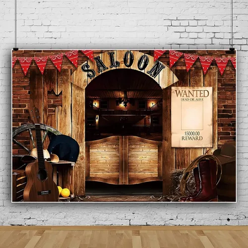 Miniatura 3 de 5x3 pies de fondo de cantina del oeste vintage, fondo retro de vaquero occidental para fiesta, suministros de fiesta de madera, casa, granero