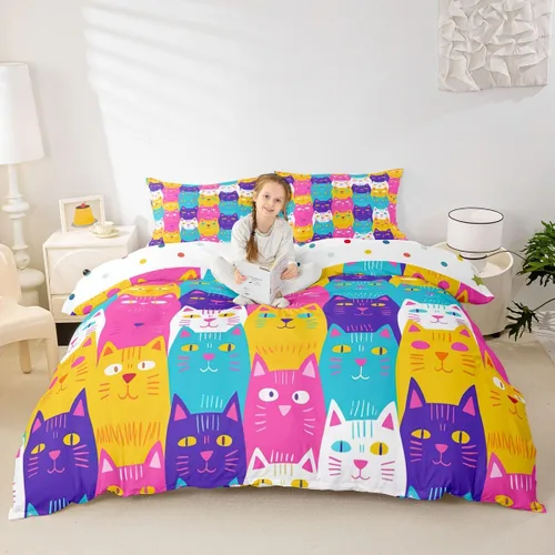 Miniatura 23 de Erosebridal Juego de funda de edredón con diseño de gato y fresa, tamaño individual, diseño de caricaturas, arcoíris, con temática de animales
