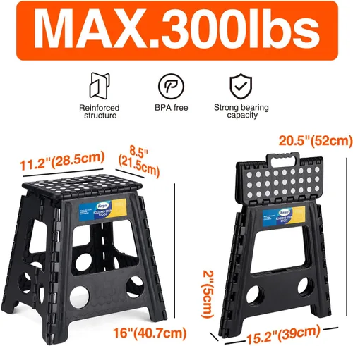 Miniatura 2 de Korpai Taburete plegable de 16 pulgadas para adultos y niños con capacidad para hasta 300 libras, taburetes plegables antideslizantes con mango