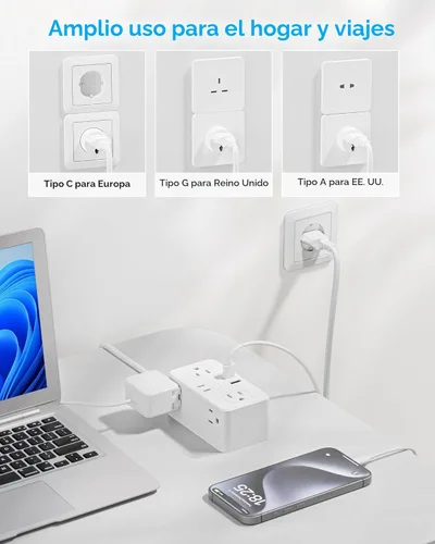 Miniatura 4 de Kakyanill Adaptador de enchufe de viaje europeo, Adaptador de enchufe de viaje EU/UK/US, Regleta de alimentación con 6 tomas AC, 4 puertos USB