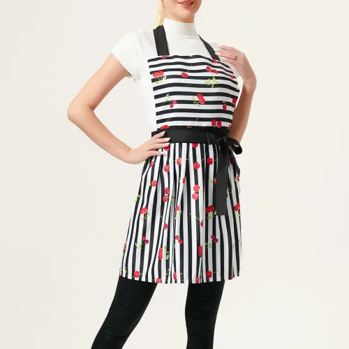 Miniatura 5 de Encantador y cómodo Claccic Negro Rayas y Moda Cereza Falda Delantal Mujer Cocina Mujer Delantal para damas Niñas Esposa Hija (negro), Negro