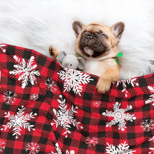Miniatura 4 de Manta de felpa para mascotas, diseño de copos de nieve de Navidad, diseño de pata 3D, diseño de huellas de búfalo negro y rojo, manta suave