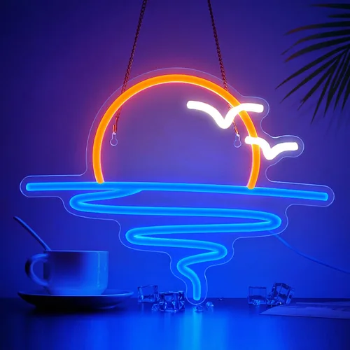 Señal de neón de puesta de sol y amanecer para decoración de pared, señal de luz de neón LED regulable para playa, dormitorio, sala de estar, boda,