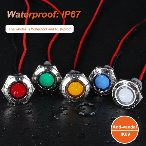 Miniatura 6 de 2 piezas de 16 mm (5/8") luz indicadora LED, 12-24V AC/DC 20mA, lámpara piloto de metal impermeable IP67 de ahorro de energía, lámpara plana de Verde