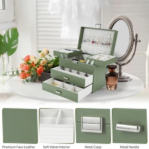 Miniatura 6 de Dajasan Caja organizadora de joyas para mujeres y niñas, organizador de joyas, caja de joyería de cuero de 4 capas, idea de regalo para el día