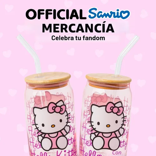 Miniatura 5 de Silver Buffalo Sanrio - Vaso de vidrio rosa con tapa de bambú y sorbete de vidrio de Hello Kitty, 16 onzas Hello Kitty Agitando