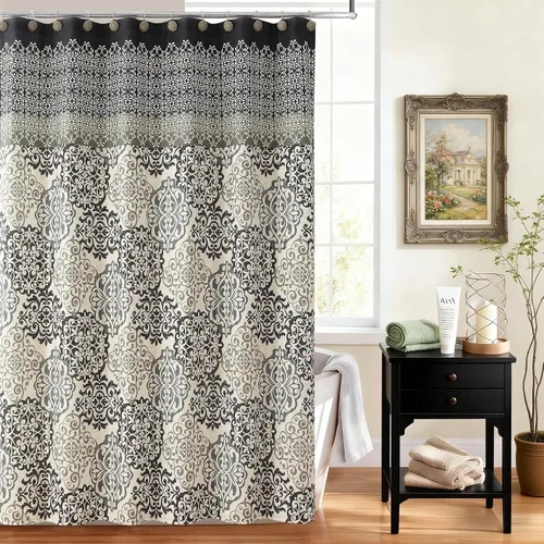 Cortina de ducha de tela negra y beige, cortina de ducha con estampado de medallón vintage, cortina de baño decorativa impermeable, 72 pulgadas de