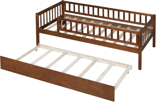 Miniatura 6 de Harper & Bright Designs Sofá cama individual con nido, marco de cama infantil de madera tamaño individual con valla, cama nido individual