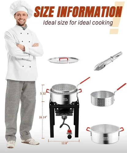 Miniatura 8 de Freidora de pescado de propano de 10 cuartos de galón con tapa, quemador de propano de 55,000 BTU, olla para exteriores con cestas, tapa, termómetro