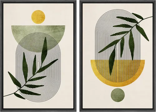 Miniatura 37 de IDEA4WALL Lienzo enmarcado para pared, juego de arte Bauhaus dorado de mediados de siglo, patrón de cuadrícula moderna, ilustraciones con formas
