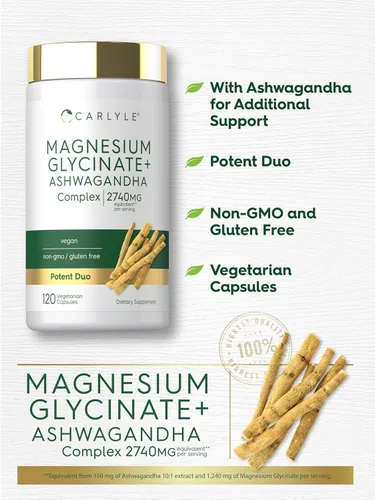 Miniatura 4 de Carlyle - Magnesio Glicinato con Ashwagandha Complejo de 2,740 mg 120 cápsulas vegetarianas Dúo potente Suplemento sin OMG y sin gluten