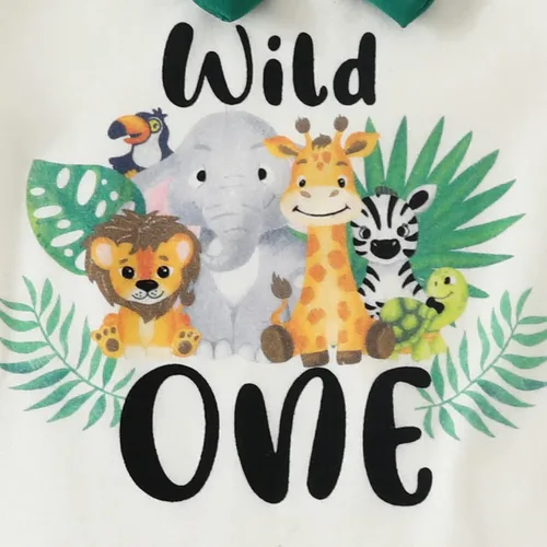 Miniatura 4 de Traje de primer cumpleaños para bebé niño Wild One Animal Bowtie Romper pantalones cortos con tirantes