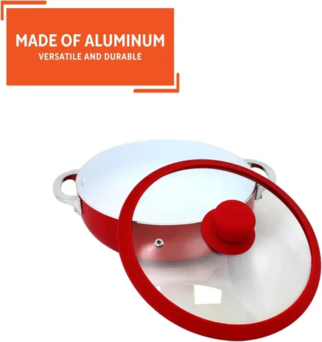 Miniatura 3 de IMUSA USA 3.2Qt Caldero antiadherente de cerámica roja (horno holandés) con borde de silicona y tapa de vidrio Rojo