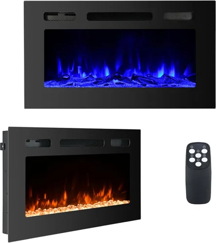 Chimenea eléctrica montada en la pared y empotrada de 30 pulgadas con control remoto temporizador de 8 horas, 12 llamas, pantalla táctil, calentador
