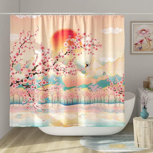 Miniatura 3 de Cortina de ducha japonesa de arte asiático de montaña, cortina de ducha de anime con flor de cerezo, cortina de ducha de poliéster, 72 x 72 pulgadas