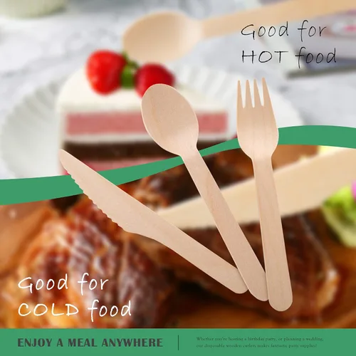Miniatura 5 de Tenedores de madera desechables, paquete de 100 unidades, 6.5 pulgadas de longitud, biodegradables, utensilios de madera natural, ideales