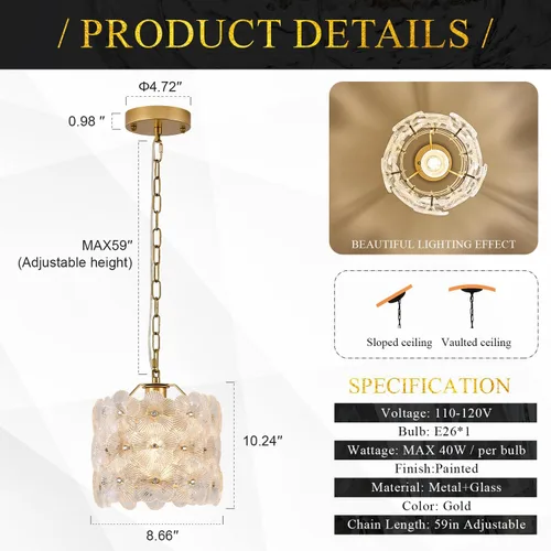 Miniatura 3 de Lámpara colgante de cristal dorado, paquete de 1 lámpara colgante de techo pequeña con flores modernas, 1 luz para cocina, isla, fregadero, comedor