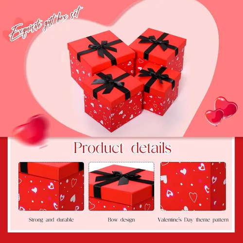Miniatura 3 de Epakh 4 cajas anidables cuadradas decorativas con tapas, corazones negros y rojos, varios tamaños para aniversario, cumpleaños, boda, despedida
