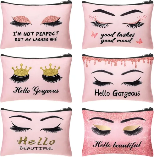 Gerrii 6 bolsas de maquillaje Hello Gorgeous de lona rosa para pestañas, bolsa de cosméticos pequeña para pestañas, bolsa de viaje, regalo