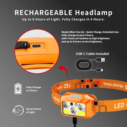 Miniatura 5 de Linterna frontal LED recargable, 800 lúmenes con luz roja y blanca, 8 modos, sensor de movimiento, carga USB-C, IPX4 impermeable (1, naranja)