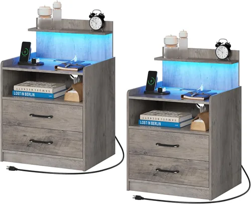 Miniatura 13 de Mesita de noche LED con estación de carga, mesita de noche con 2 cajones y almacenamiento abierto, mesa de noche con luces LED, mesa auxiliar Negro