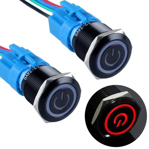 Miniatura 15 de 2 piezas interruptor de botón pulsador con pestillo de 16mm, 12V-24V, encendido/apagado, 1NO 1NC, impermeable IP66, carcasa de metal negro