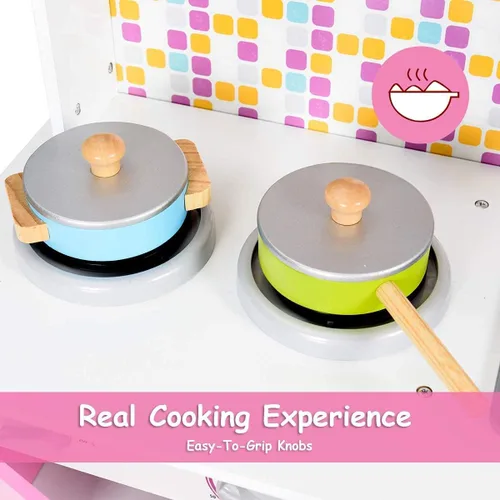 Miniatura 5 de OLAKIDS - Juego de cocina para niños, cocina de madera para niños pequeños con sonidos reales, estufa, microondas, horno, fregadero, gabinete