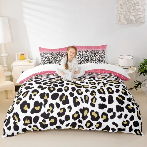 Miniatura 23 de Juego de funda de edredón para niños, tamaño individual, diseño de cebra y leopardo con purpurina, decoración de habitación para niñas y mujeres