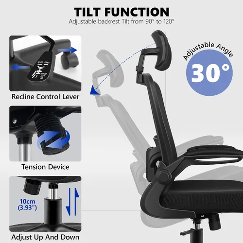 Miniatura 4 de Silla de oficina ergonómica de escritorio, sillas de oficina de malla con respaldo alto con reposacabezas ajustable y brazos abatibles, cómoda silla