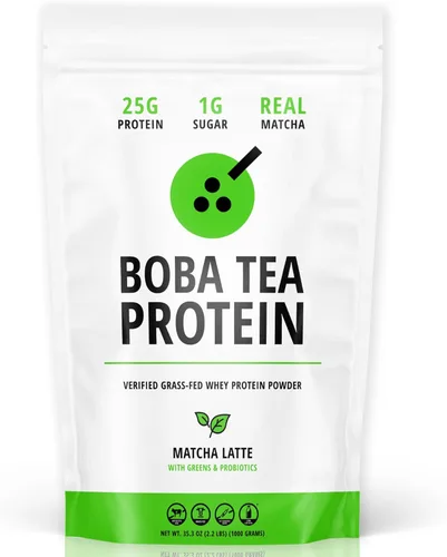 Boba Tea Protein Matcha Latte | Polvo aislado de proteína de suero alimentado con pasto de 0.88 oz | Bebida de proteína de té de burbujas sin gluten