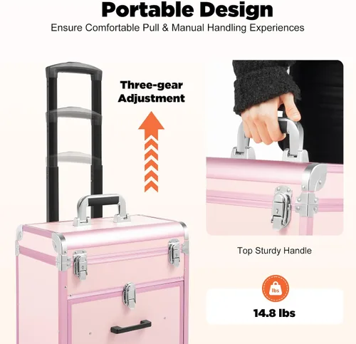 Miniatura 4 de YIYIBYUS Estuche de maquillaje rodante, 3 capas de carritos cosméticos profesionales grandes con cerraduras, estuche de viaje de maquillaje con Rosa