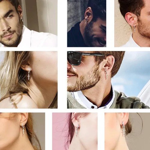 Miniatura 4 de Aretes de cruz de plata de ley 925, delicados aretes de aro para mujeres y hombres