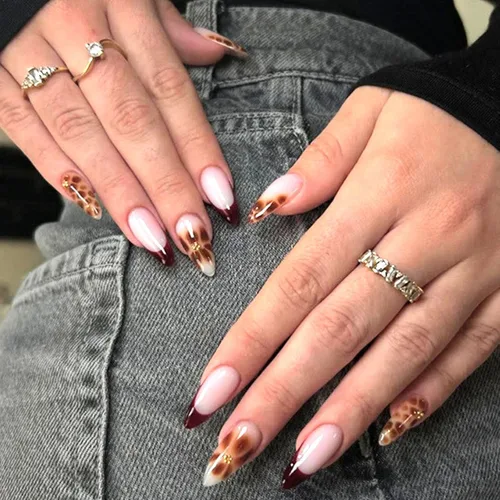 Miniatura 14 de Uñas postizas medianas a presión de almendra, con lazo 3D, perlas y diamantes de imitación, diseños de flores, uñas adhesivas, uñas acrílicas