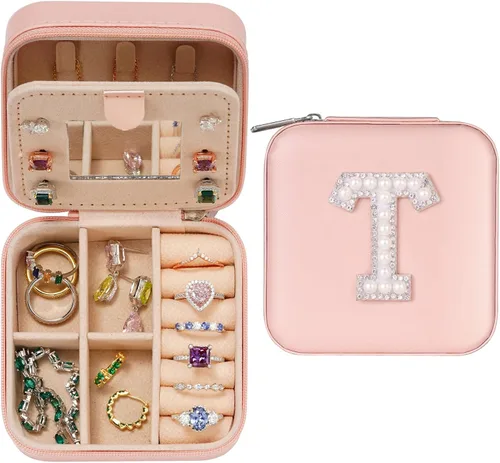 Parima Joyero de viaje para mujeres y niñas, joyero con inicial de perlas Regalos de viaje para mujeres Regalos para madres Regalos de jubilación