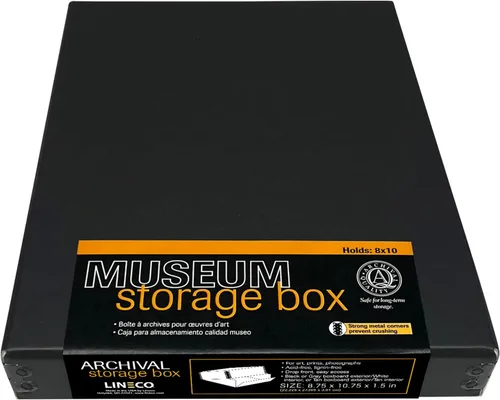 Lineco Museum - Caja de almacenamiento archivado, 8.75x10.75x1.5 pulgadas. Diseño frontal abatible. Sin ácidos con borde de metal. Organiza fotos,