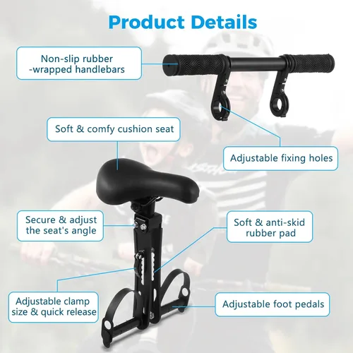 Miniatura 6 de Lnrueg Asiento de bicicleta para niños para bicicleta de adulto, asiento de bicicleta para niños con manillar y pedales de pie, asiento de bicicleta
