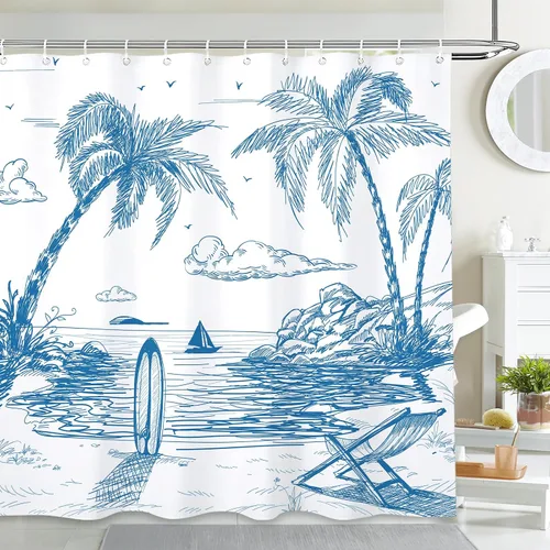 MEHOFOND Cortina de ducha de surf, tabla de surf retro, diseño de palmeras tropicales, sala de estar, silla de verano para playa, tela de poliéster,