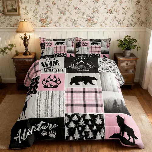 Miniatura 202 de Juego de edredón de cuernos de ciervo tamaño individual, juego de ropa de cama rústica de granja con huellas de oso y pinos para decoración