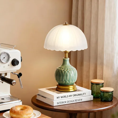 Miniatura 6 de Juego de 2 lámparas de mesa de cerámica, lámparas de mesita modernas verdes de estilo vintage de mediados de siglo, lámpara de escritorio retro