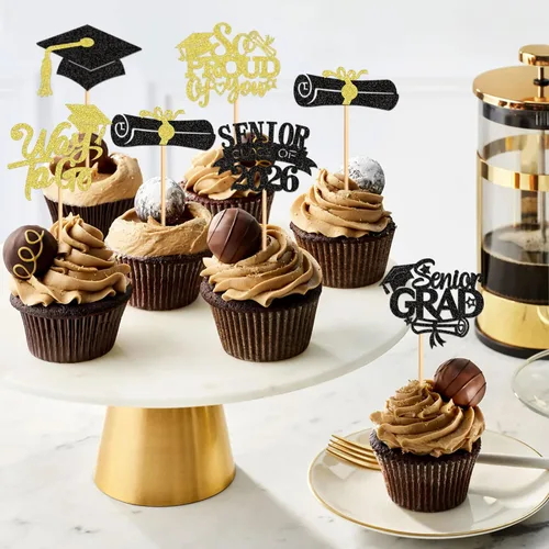 Miniatura 4 de Ercadio 36 piezas 2026 adornos para cupcakes con purpurina negra y dorada para graduación senior So Proud Of You Senior Class of 2026 Way to Go