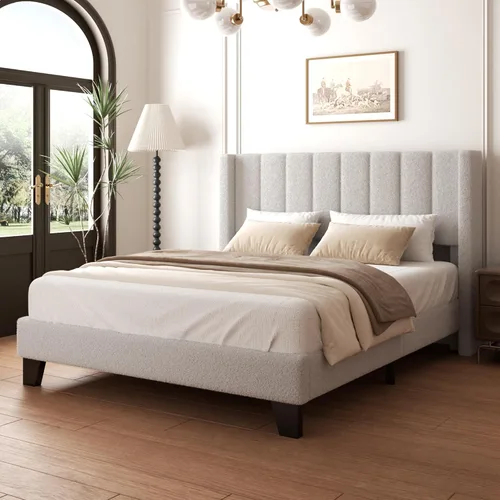 Marco de Cama Queen con Cabecero Tapizado Marco de Cama de Plataforma con Cabecero de Terciopelo Teddy, Soporte de Listones de Madera/Diseño de Gris
