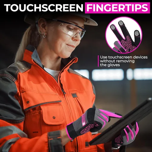 Miniatura 4 de HANDLANDY Work Gloves for Women, Breathable Leather Gardening Glove for Yard Maintenance, Hand Protection with Touch Screen Rosa fuerte