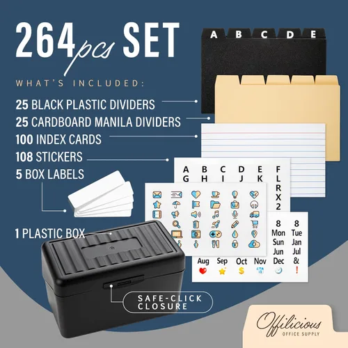 Miniatura 2 de OFFILICIOUS Tarjetero negro de 4 x 6 pulgadas, caja de fichas con divisores de índice, tarjetas rayadas y calcomanías, organizador de caja de Juego