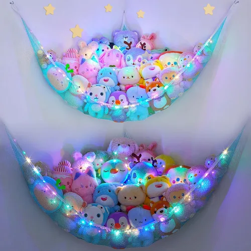 Miniatura 10 de Unicorn Castle Red de animales de peluche o hamaca organizador de almacenamiento de juguetes para niños con luz LED colgante en esquina soporte