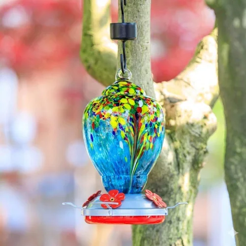 Miniatura 3 de WOSIBO Comedero para colibríes para exteriores, patio, grande, 32 onzas, comedero para colibríes de vidrio soplado a mano colorido con foso