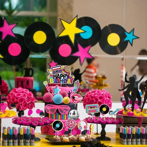 Miniatura 4 de Hooqict 26 piezas de decoraciones de pasteles de los años 80 y 90, decoraciones retro de los años 80 de hip hop con bolas de purpurina para cupcakes