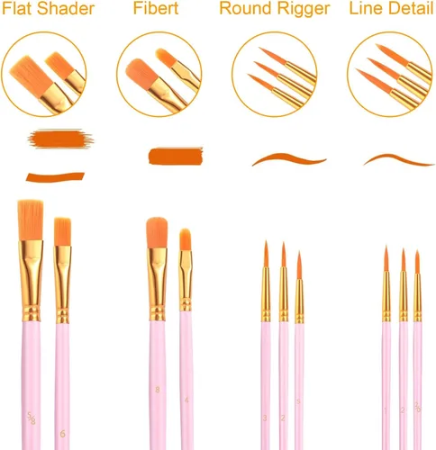 Miniatura 2 de Juego de pinceles de pintura acrílica, (20 paquetes/200 unidades), cepillos de pelo de nailon para óleo y acuarela, juego perfecto de pintura Rosa